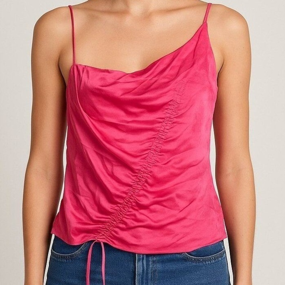 Crescent Womens Tank Top Pink Asymmetrical Ruched Satin Camisole XS